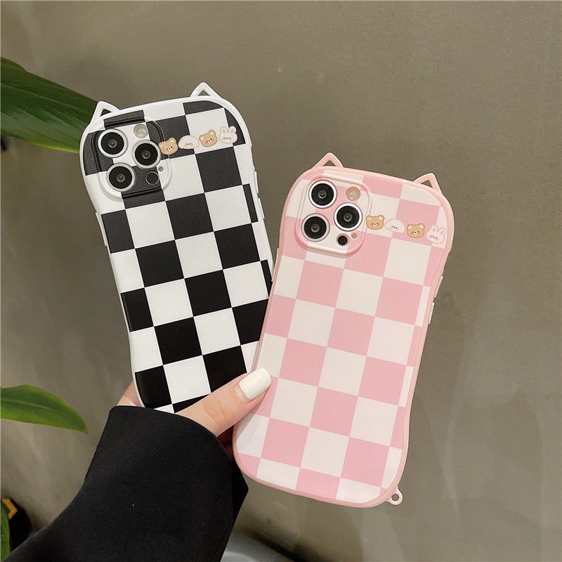 Case Desain Telinga Kucing Kotak-Kotak Untuk Iphone 11 12 Pro Max Xr Xsmax 7 8 Plus Se2020
