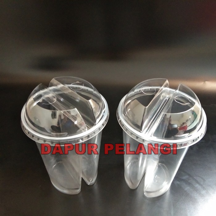 Gelas Plastik Kembar / Twin Cup 32oz / Gelas 2 in 1 + Tutup / Gelas Murah 1SET