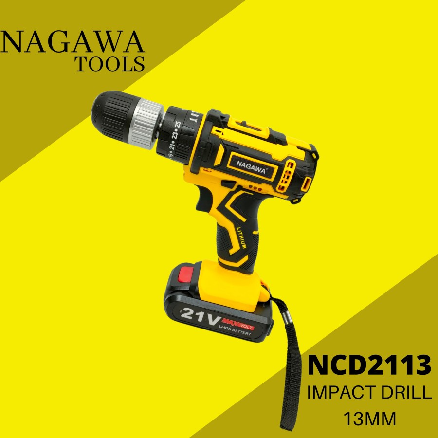 CORDLESS HAMMER DRILL 21V SET MESIN BOR BATERAI NAGAWA NCD2113 - Kuning