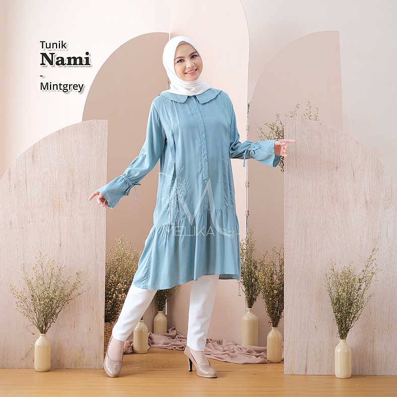 Tunik Rayon Polos Ruffle Rampel Rempel Cantik Dewasa Nami Mintgrey Mint Grey Biru Muda Wardah