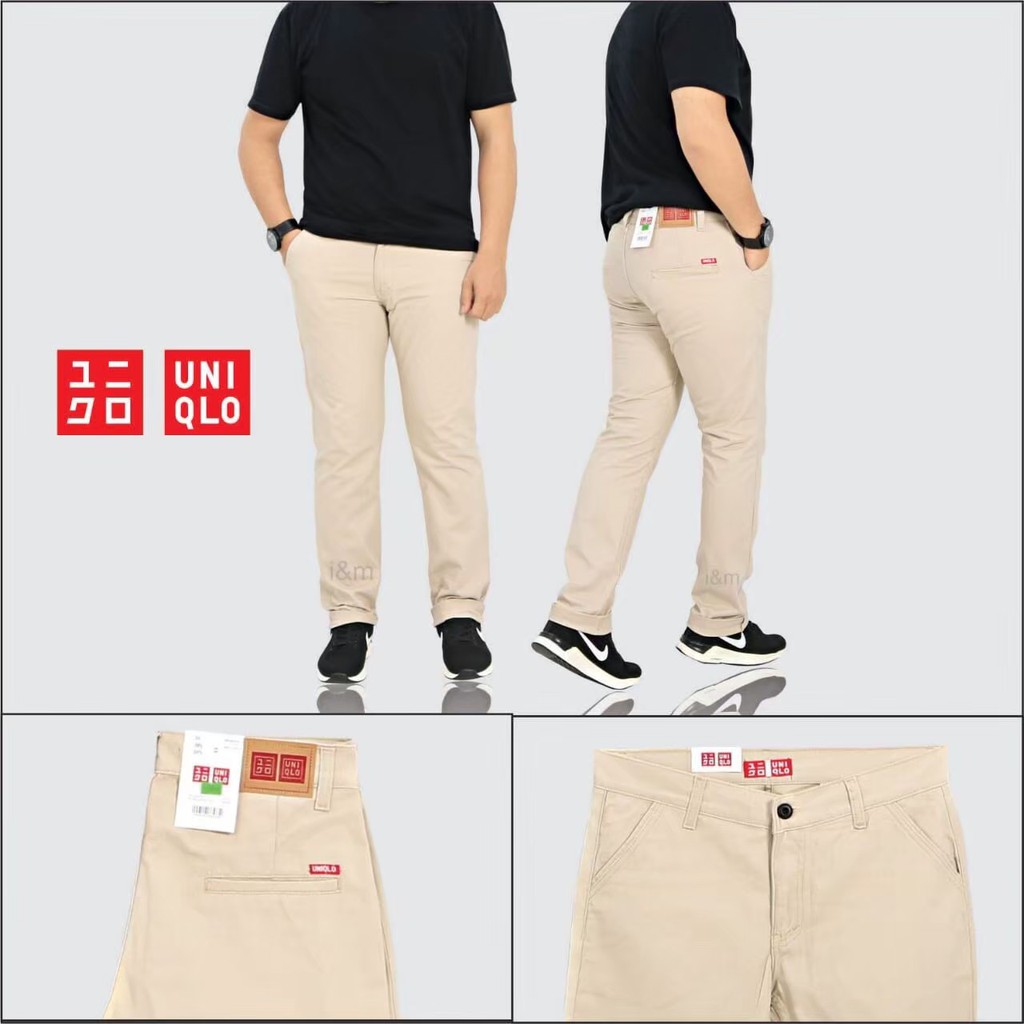 Celana Chino panjang pria UNIQLO/celana UNIQLO warna cream