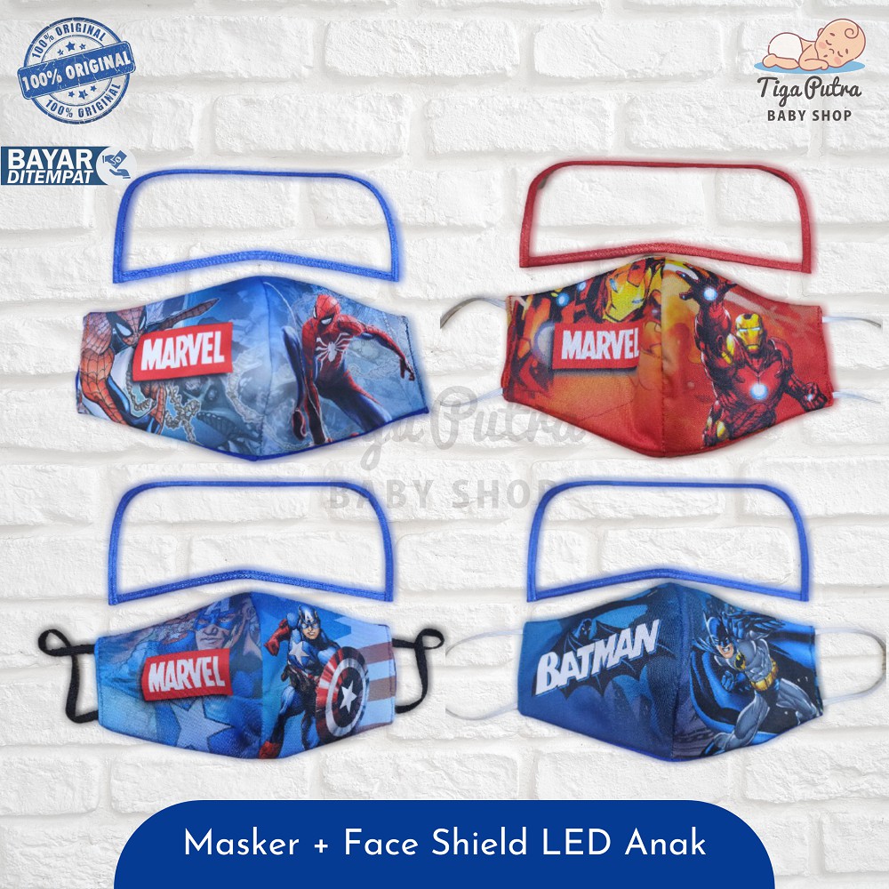 Masker Face Shield Anak LED Cowok Cewek Superhero Marvel Spiderman Iron Man Batman Unicorn