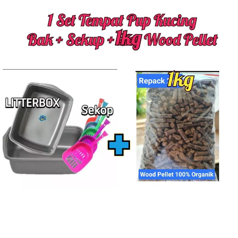 1Set Tempat Pup Kucing Bak+Sekup&amp;1kg Wood Pellet pasir kucing organik