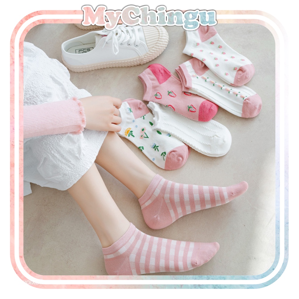 ❀ Chingu ❀ KK014 Kaos Kaki (Tanpa Kemasan) Wanita Tipis Pendek Semata Kaki Motif Strawberry Bunga Fashion Korea Women Sock Import Murah