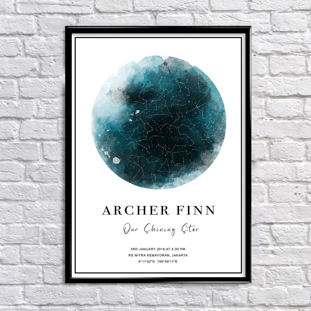 

WATERCOLOR BLUE ON WHITE custom constellation star map personalized framed A3 poster unique gift