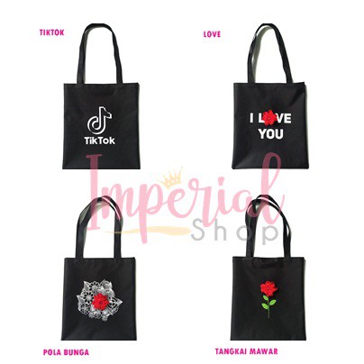 Tote Bag Hitam Motif Kekinian Tiktok Love Bunga Mawar Tas Viral AnakTik Tok Addict Rose Flower Murah