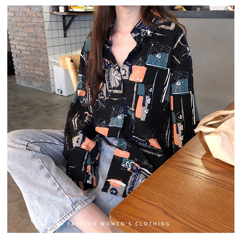 yikoo-Korean print kemeja lengan panjang longgar atasan wanita shirt top