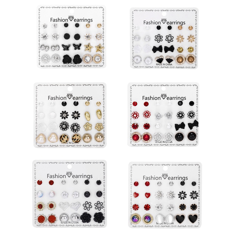 12 Pasang / Set Anting Bentuk Kupu-Kupu Hati Geometris Aksen Mutiara Berlian Imitasi Untuk Wanita