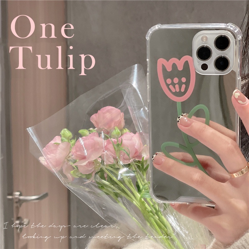 Ins Casing Iphone 14 7 / 8 SE2020 7 + 8PLUS XS XR 11 12 13 PRO MAX Transparan Motif Bunga Tulip Pink