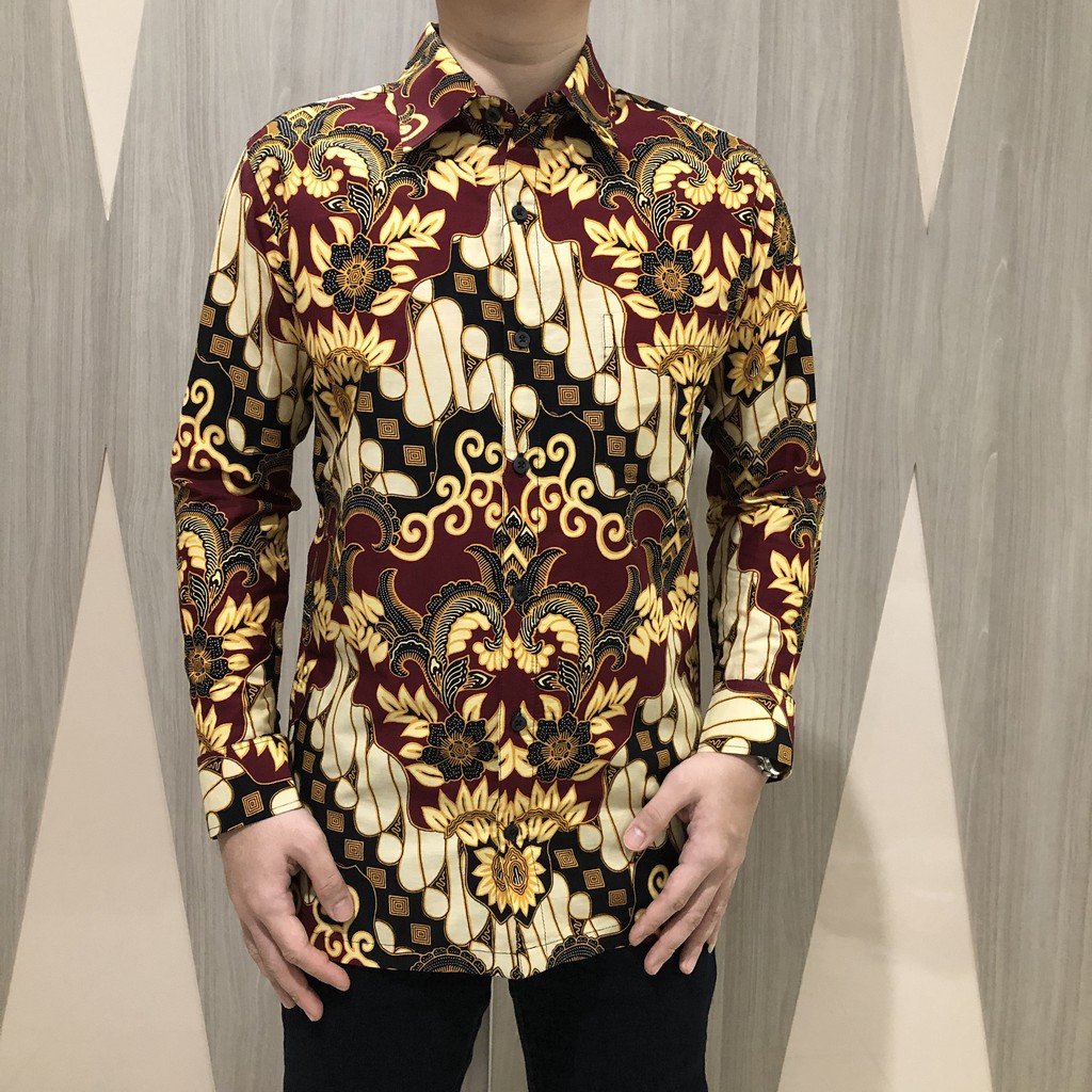 [GRIDLINE - LS080 Brown - LS029 Blue] Baju Kemeja Batik Slimfit Pria Lengan Panjang FULL KATUN