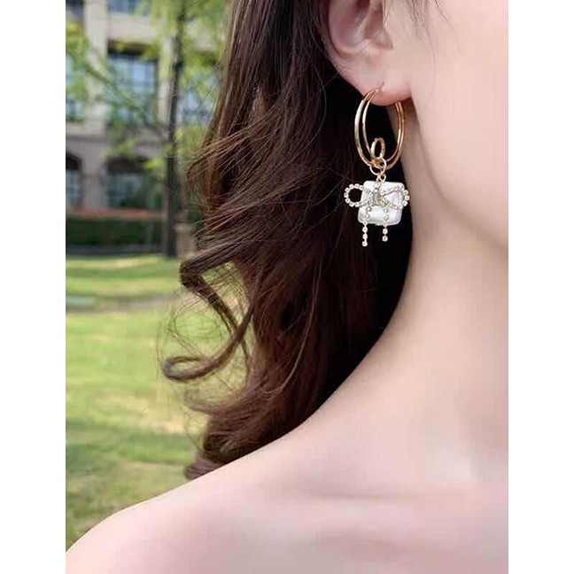 LRC Anting Tusuk Fashion Gold S925 Silver Pin With Diamond Bow Moon Square Freshwater Pearl Earrings