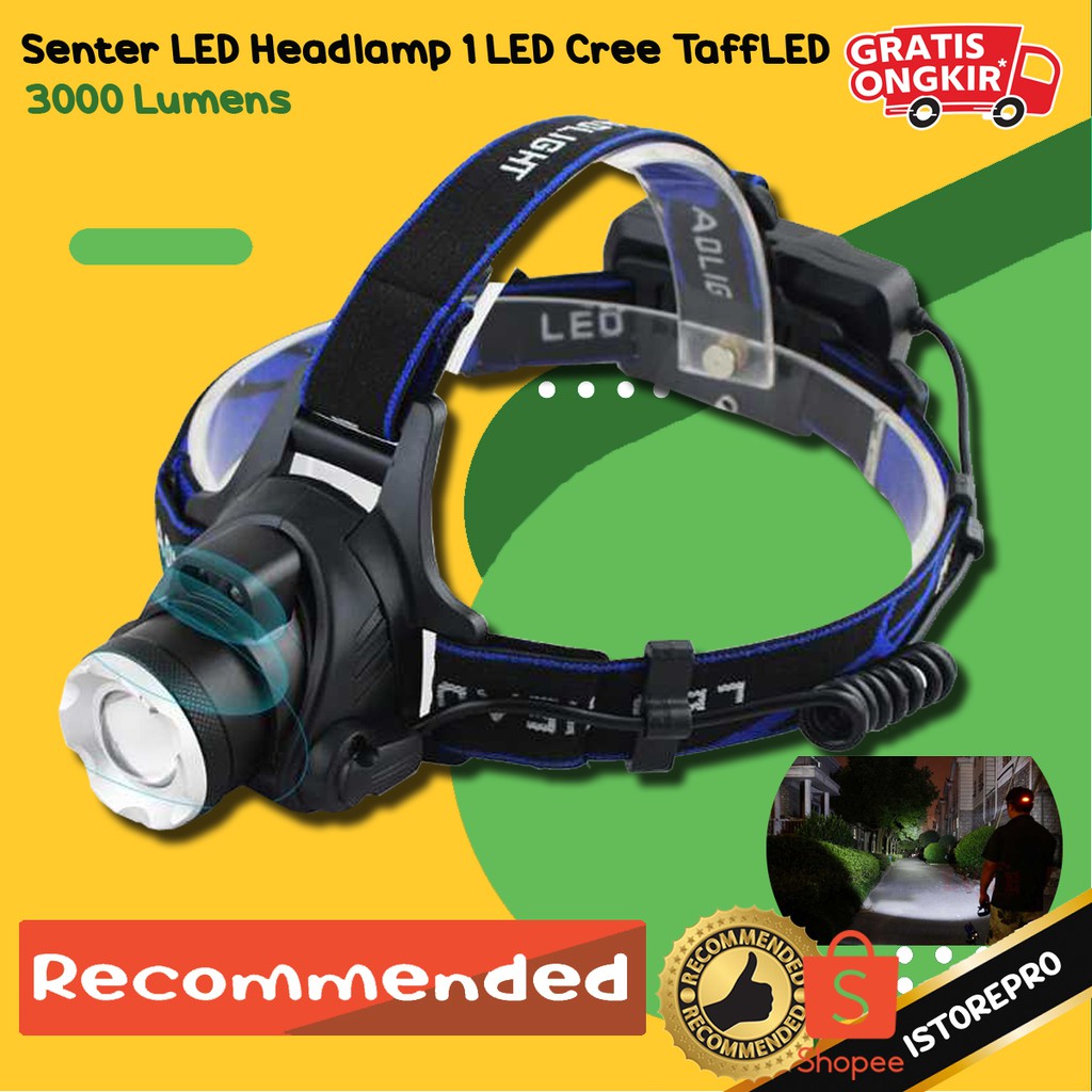 Senter LED Headlamp 1 LED Cree TaffLED 3000 Lumens - AHT404 - Black
