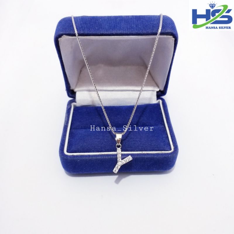 Kalung Perak Asli Silver 925 Lapis Emas Putih Italy Liontin Huruf Y - Perhiasan Perak Wanita