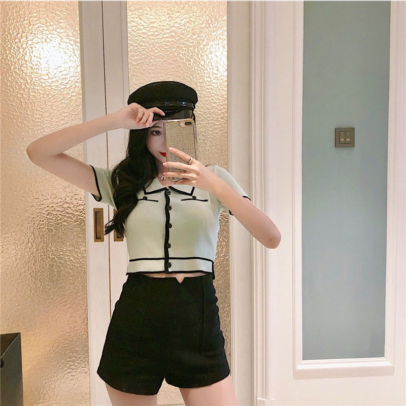 Victoria Korean Collar Crop Top Atasan Kemeja Knit 4048