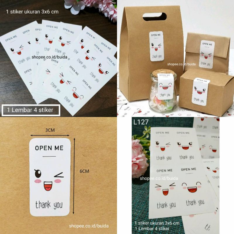 

1 Lembar 4 Stiker Sticker Label Open Me Thank You Smile Emoji Cute Sealer Box Paperbag toples segwl kemasan dus gift oarcel hampers amplop kotak kado kue plastik cookies bag