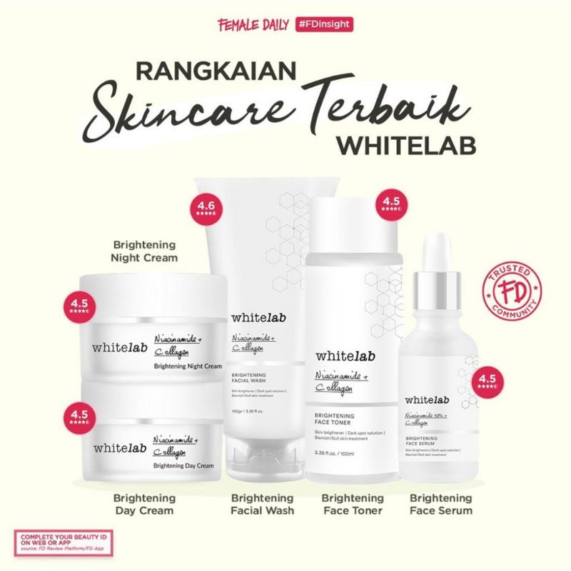 WHITELAB BRIGHTENING PAKET WAJAH (facial wash, toner, day cream, night cream)