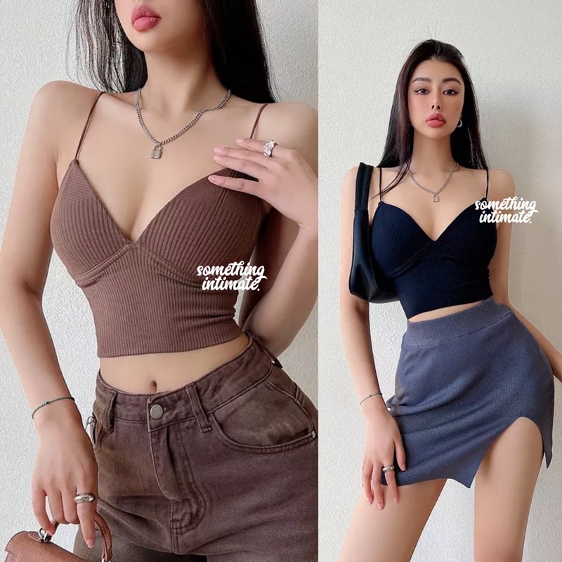 MONRUE Ultra Soft Low Cut Plunge Knit Fitted Camisole Tank Crop Top Tanktop Croptop Slim Fit Sexy Ca