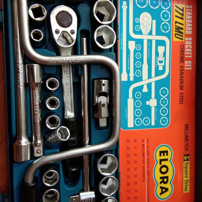 ELORA Kunci Sock Set 1/2" 6 PT- Socket Wrench Metric type Set 26 Pcs