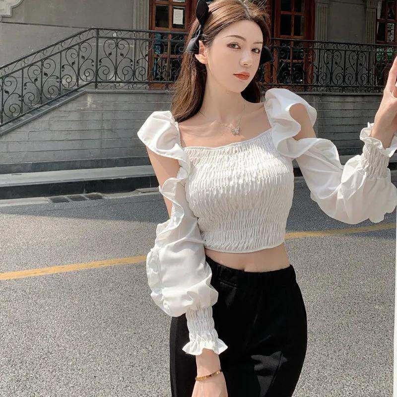 impor French square neck off-shoulder daun teratai lengan pinggang kemeja wanita Chic manis peri lip