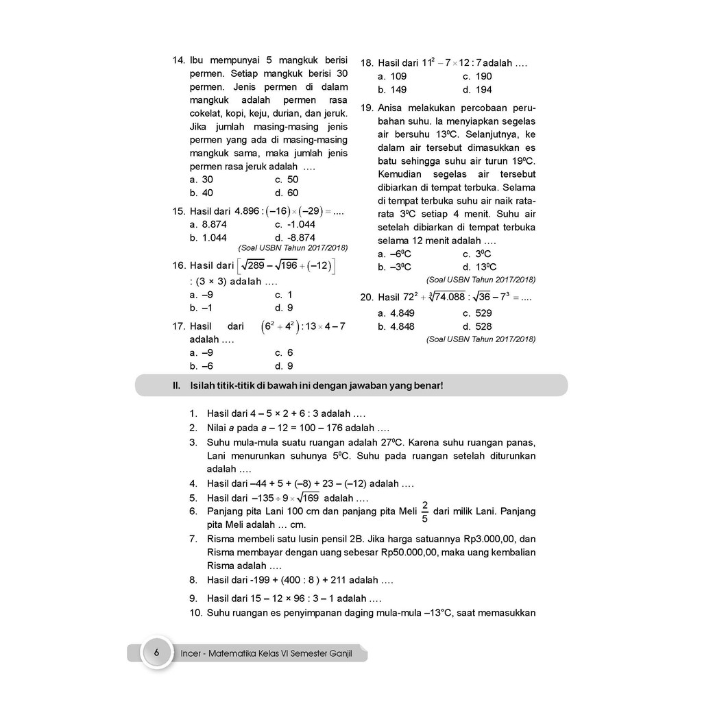 Buku Latihan Soal Matematika Pjok SD Kelas 6 Semester Ganjil Incer-6