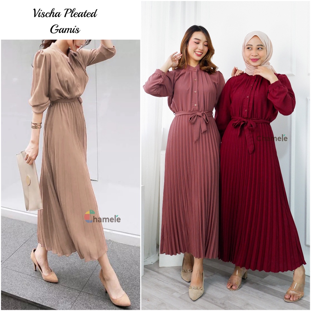 Gamis Chamele - Vischa Long pleats midi gamis Andin plisket Wanita PREMIUM Bisa bumil & busui 2450 G