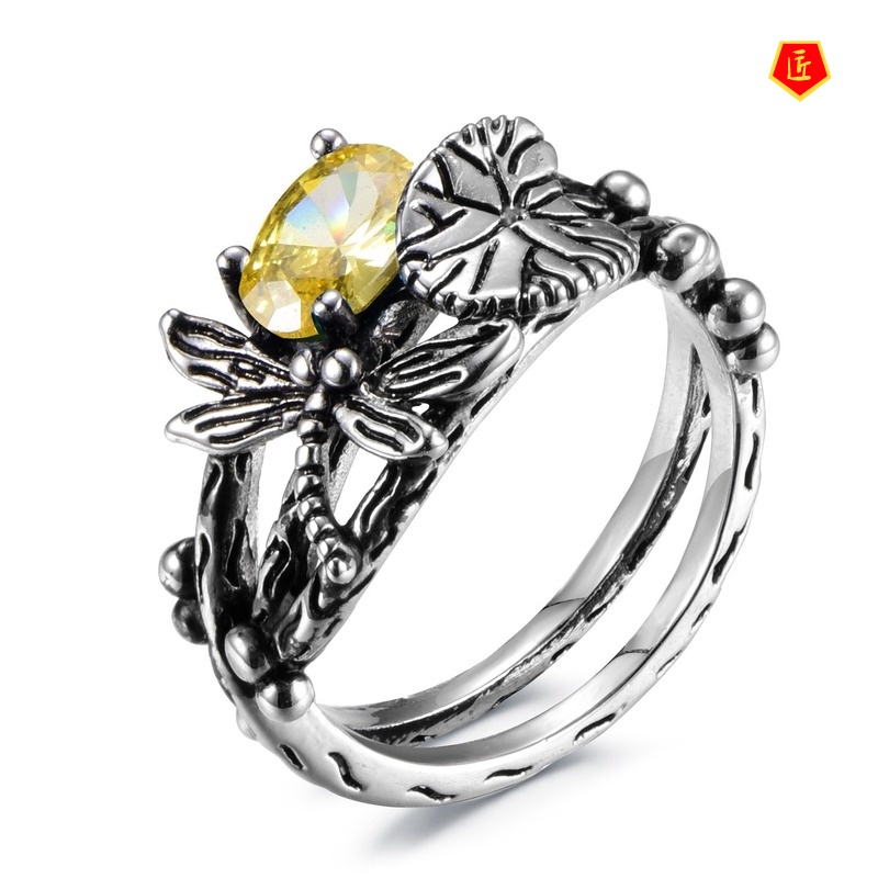 [Ready Stock]Creative Dragonfly Lotus Ring Women's Retro Silver Inlaid Topaz