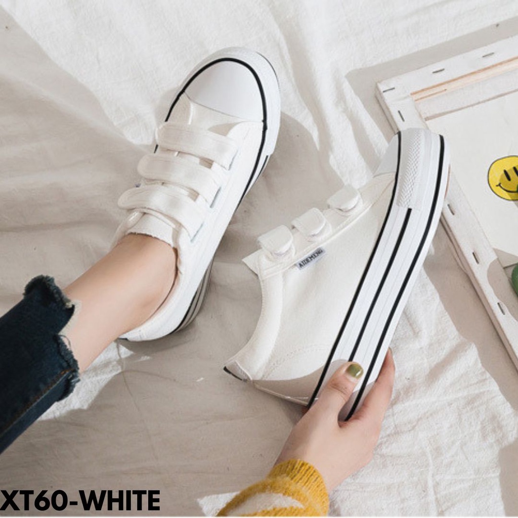 SNEAKERS WANITA VELCRO HIGHCUT BLACK WHITE SISWA SISWI STYLE BAHAN CANVAS IMPORT COMFY T60