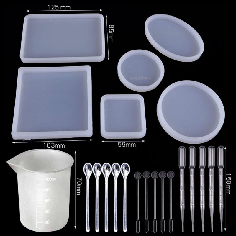 SIY  22Pcs Large Coaster Silicone Resin Mold Round Square Rectangle Heart Oval Shape Molds Kit Jewelry Making Tools