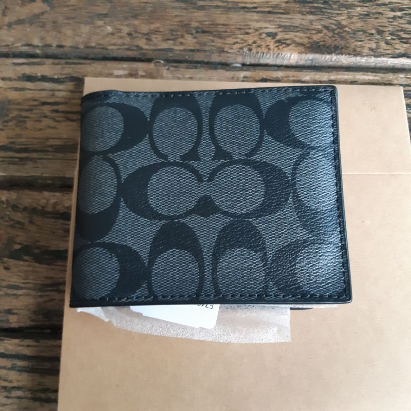 Dompet Pria Coach Selipan Compact Id Charcoal Black F74993 Signature Tempat Foto Original Branded