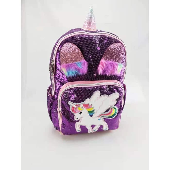 TERBAIK CUCI GUDANG TAS RANSEL /Backpack Sekolah / Fashion SD / Remaja Gambar KUDA Pony Sequin Usap IMPORT16inch