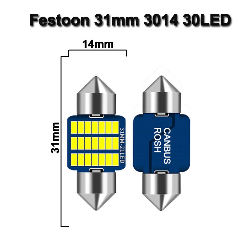 50 Pcs Bohlam Lampu Canbus LED SMD 3014 C5W C10W Ukuran 31mm 36mm 39mm 41mm Untuk Interior Mobil