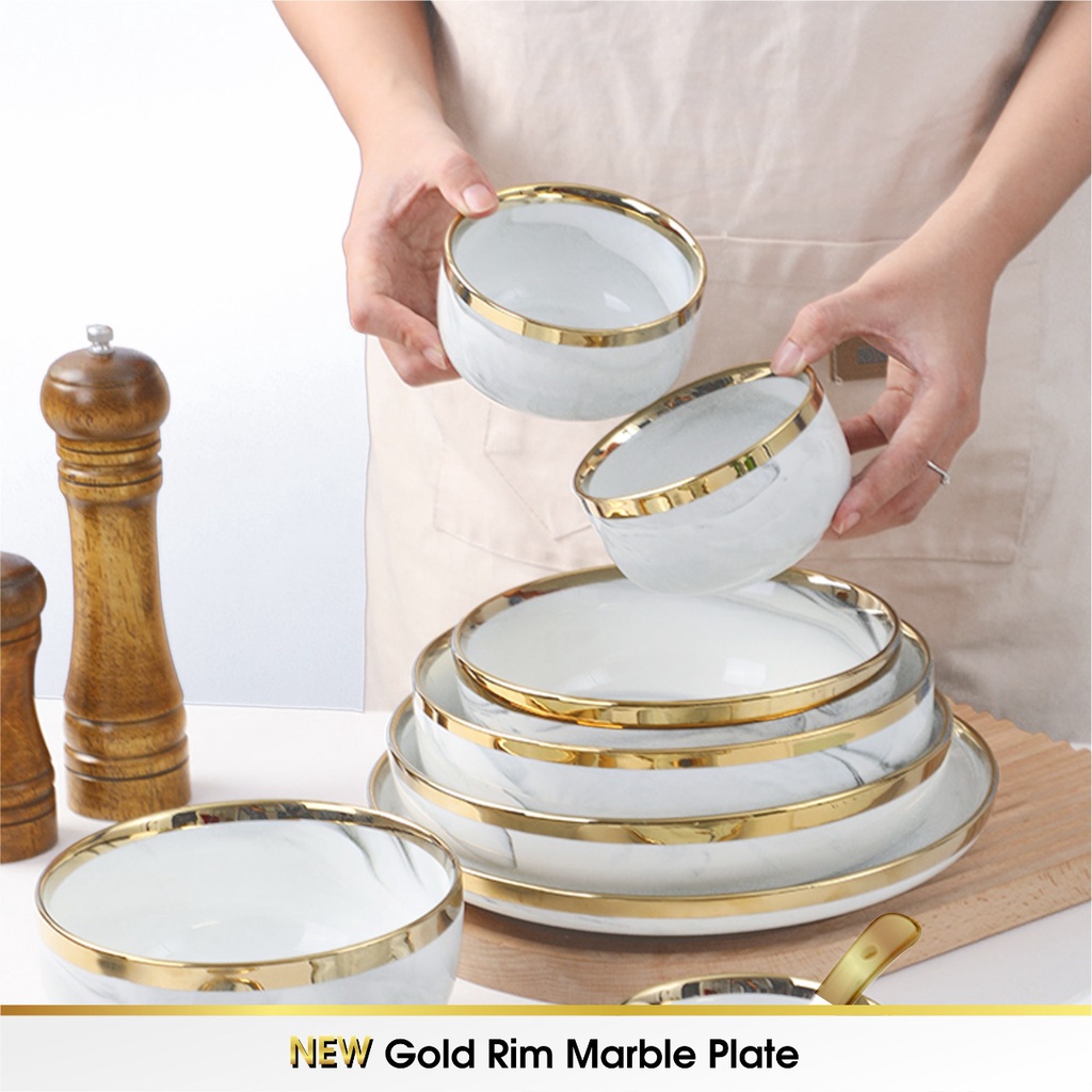 [SATUAN] NEW MODEL Piring Mangkok Makan Keramik Ceramic Bowl Cantik Motif Marmer Marbel Marble Plate Gold Rim