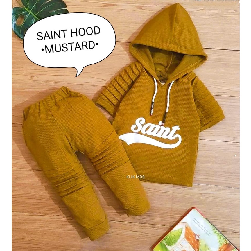 Setelan Anak Laki - Laki / Baju Bayi Cowok Hoodie Pendek  Celana Panjang Bahan Waffle Motif Saint Hood Usia 6 Bulan - 3 Tahun