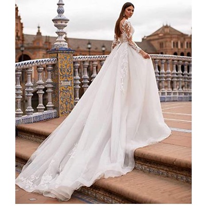 Gaun pengantin ekor lengan panjang floor leght dress