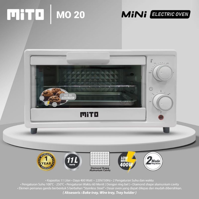 MITO Oven Listrik Mini MITO MO 20 Kapasitas 11 Liter New Handle Wood