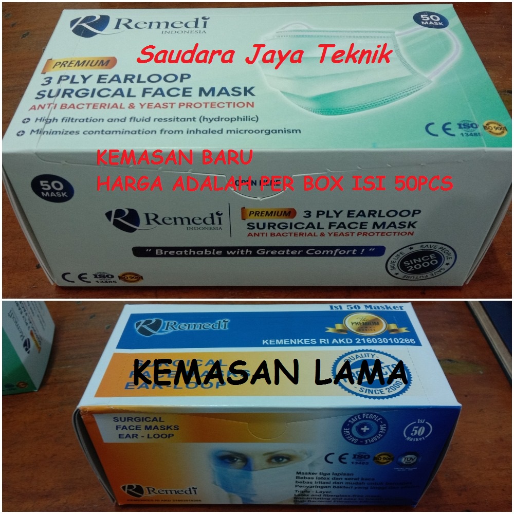 Masker Earloop Remedi 3ply Kemenkes | Masker Virus | 1 Box = 50pcs | 1 Karton = 40 Box | Grosir & Ec