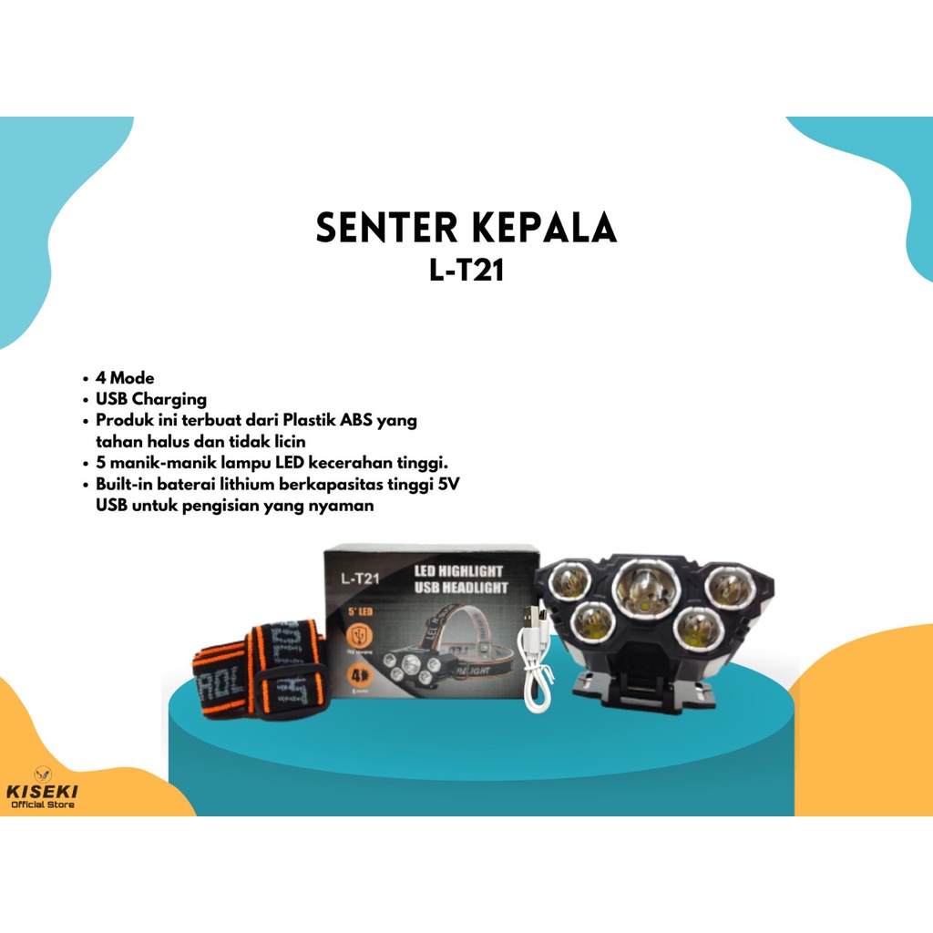 Senter Kepala 5 LED 50 Watt + 10 Watt / Headlamp USB Recharger