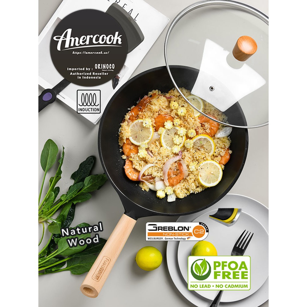 Amercook wajan Fusomoku Wok Pan Pegangan Kayu - Greblon C2 Non-stick