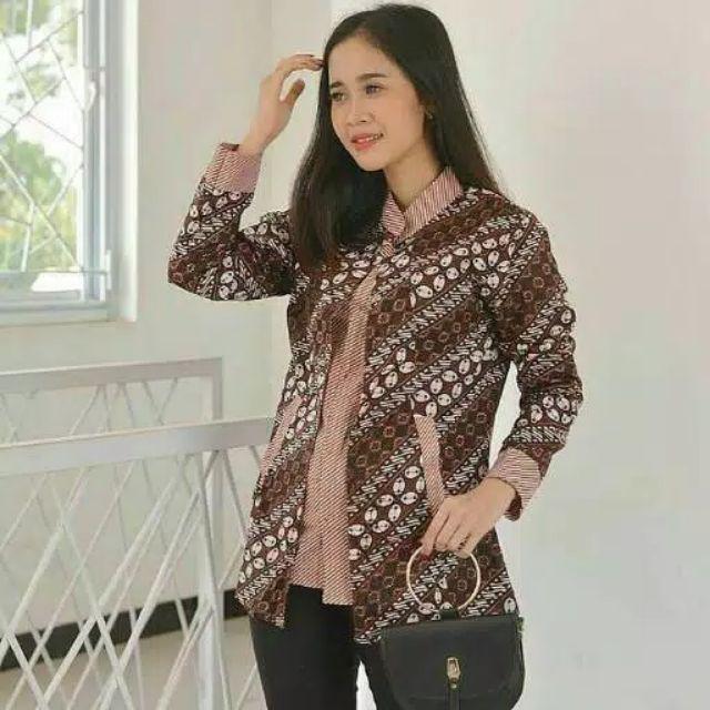 Blus Cardi katun murah halus batik lawasan lengan panjang atasan baju batik ABG remaja putri cewek cewe modis keren tradisional unik etnik kancing depan seragam seragaman kembaran kantor kerja wanita-B