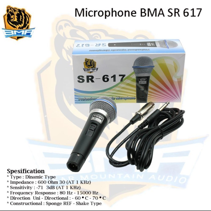 MIC MICROPHONE BMA SR617 PROFESIONAL DYNAMIC MIK SR-617 SR 617 KARAOKE VOKAL VOCAL S6-617 DINAMIC MIK KABEL PRODUK BMA ASLI ORI ORIGINAL