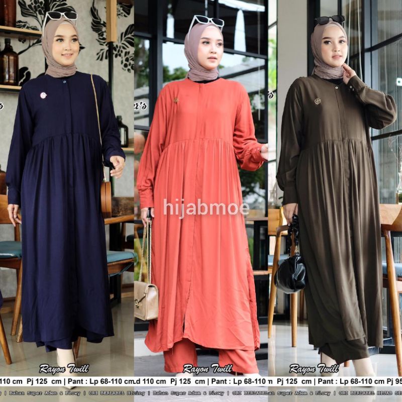 Hijab Sisters Eliza One Set Setelan Wanita Atasan Long Tunik Rayon Twill Polos LD 110 Full Kancing B