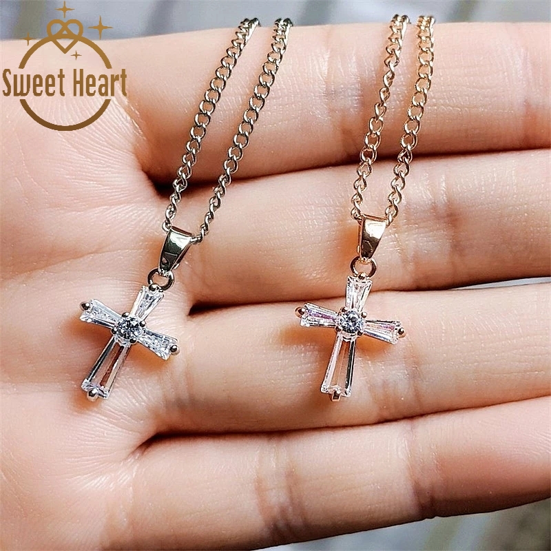 Classic Cross Crystal Pendant Necklace women Fashion Cubic Zirconia Long Necklace Jewelry Accessories Gifts Sweet Heart Jewelry