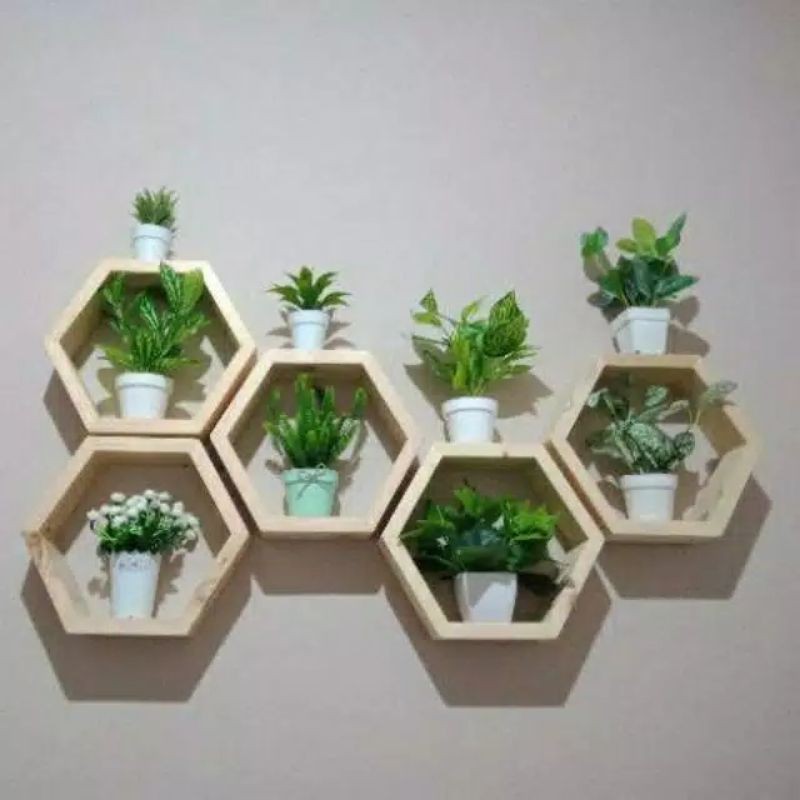rak dinding hexagonal_rak dinding_rak bunga_rak kayu_hiasan dinding