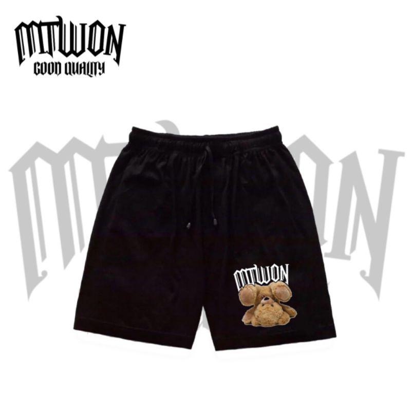 CELANA PENDEK MTWON X BEAR BERUANG TERBALIK BOXER HITAM MOTIF SHORTPANTS BRAND DISTRO PRIA WANITA