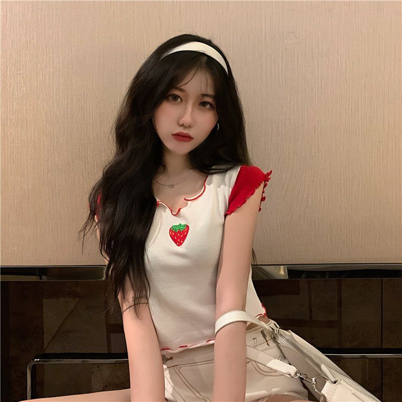 Kecil V-neck T-shirt chic perempuan musim panas pakaian luar bersih merah mschf Hong Kong rasa lengan pendek paragraf pendek Hyun Ya angin strawberry top
