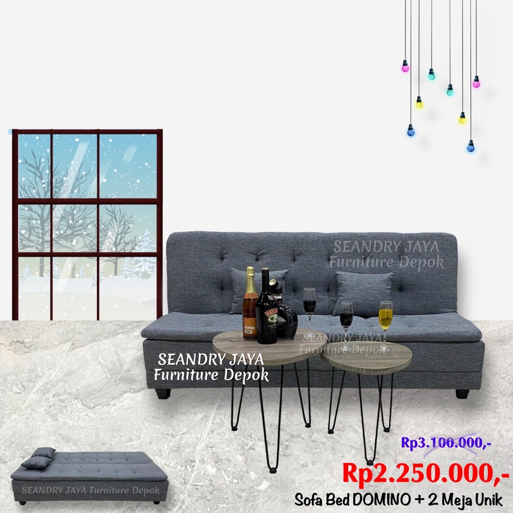 SOFA BED DOMINO/2 MEJA UNIK/MINIMALIS/MEJA TAMU/MODERN/KNOCK DOWN/PROMO MURAH/SEANDRY JAYA DEPOK/SAW
