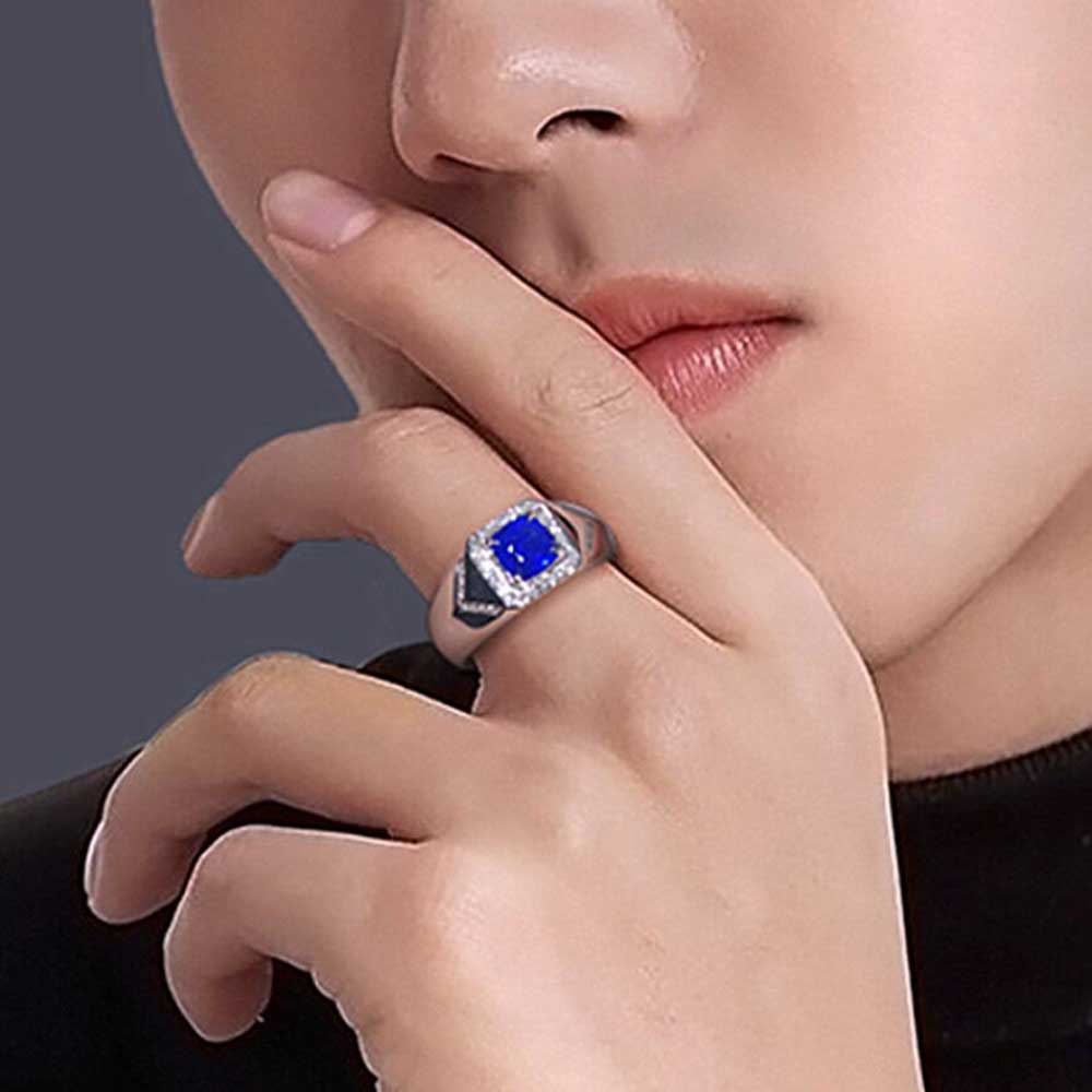 Cincin Pria Perak Kotak Safir Baja Titanium Kristal Zirkon Ring Aksesoris Fashion