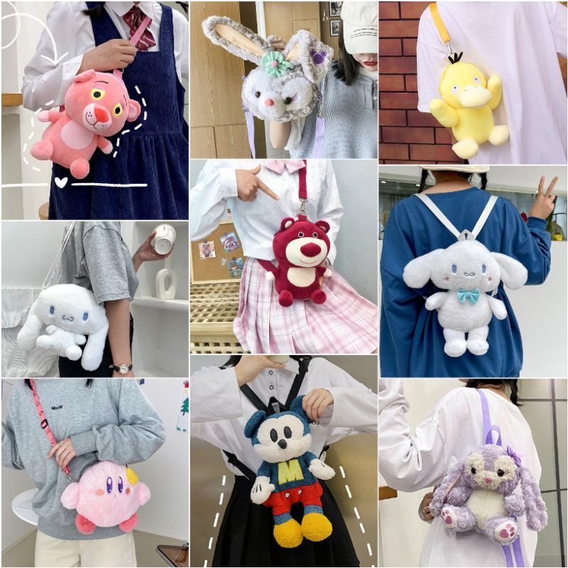 Drozenb Tas Selempang Boneka Bahan Plush Model Korea/Slingbag Boneka Lucu Model Korea/Tas Boneka Plush Korea Motif Kartun