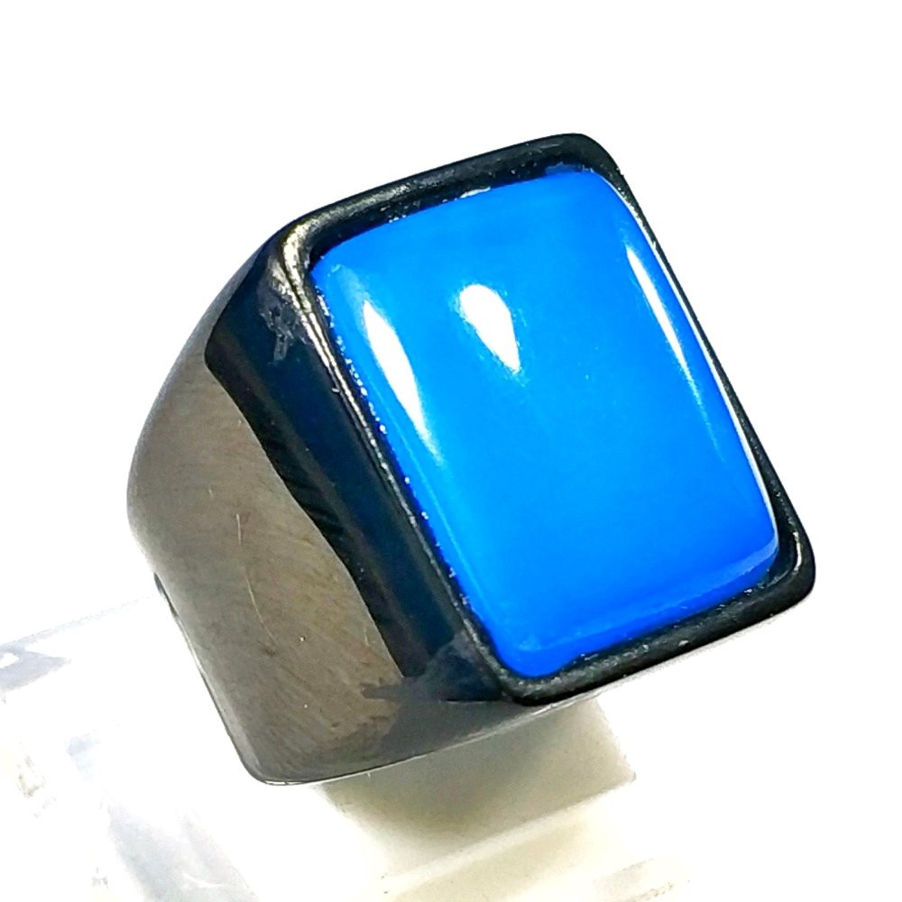 CINCIN BATU AKIK NATURAL BIRU LANGIT OCTAGON RING TITANIUM HITAM MAKIN BERGAYA