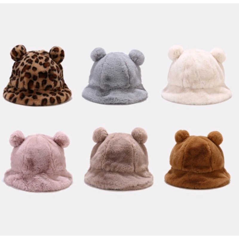 Topi Bucket Wanita Dewasa Ada Pom Pom Bahan Bulu Lembut Hangat